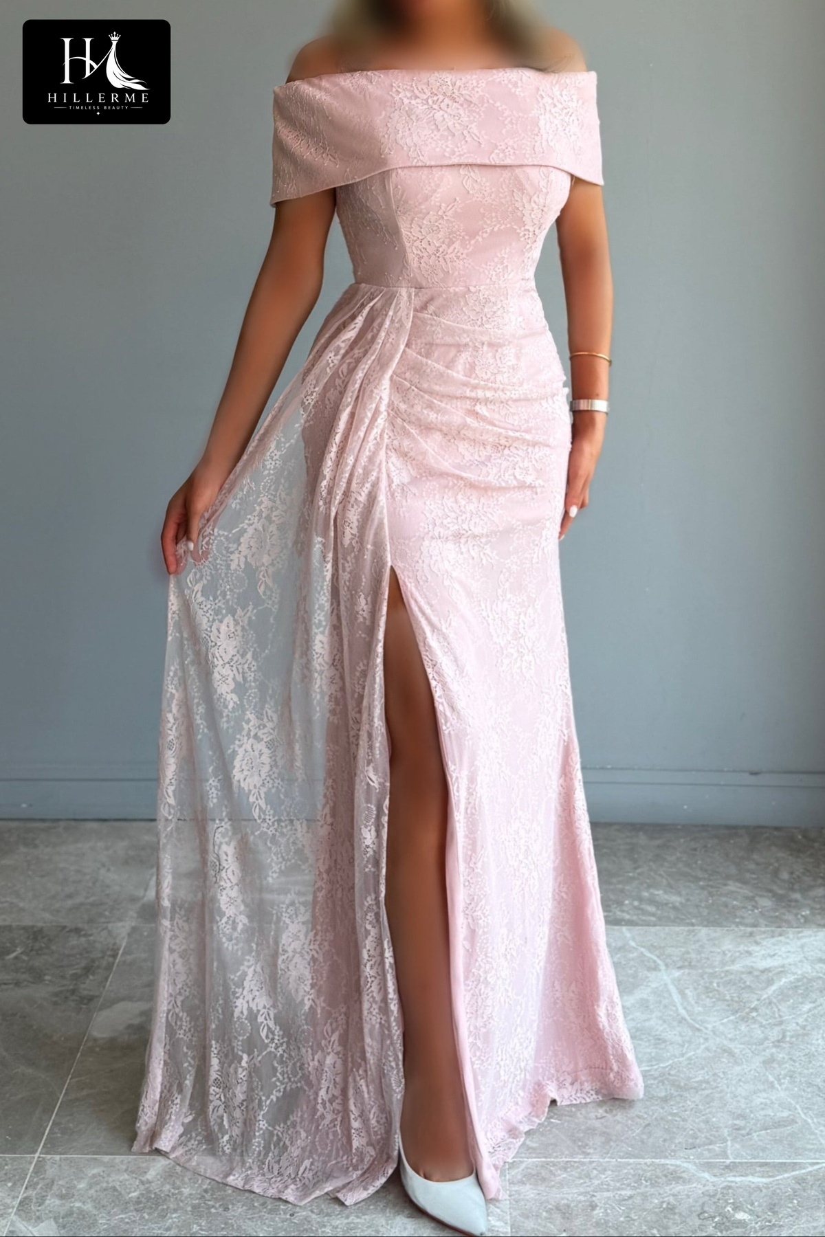 Floor-Length Lace Sheath Gown with Off-the-Shoulder Folded Neckline and High Slit