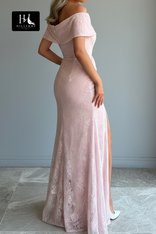 Floor-Length Lace Sheath Gown with Off-the-Shoulder Folded Neckline and High Slit