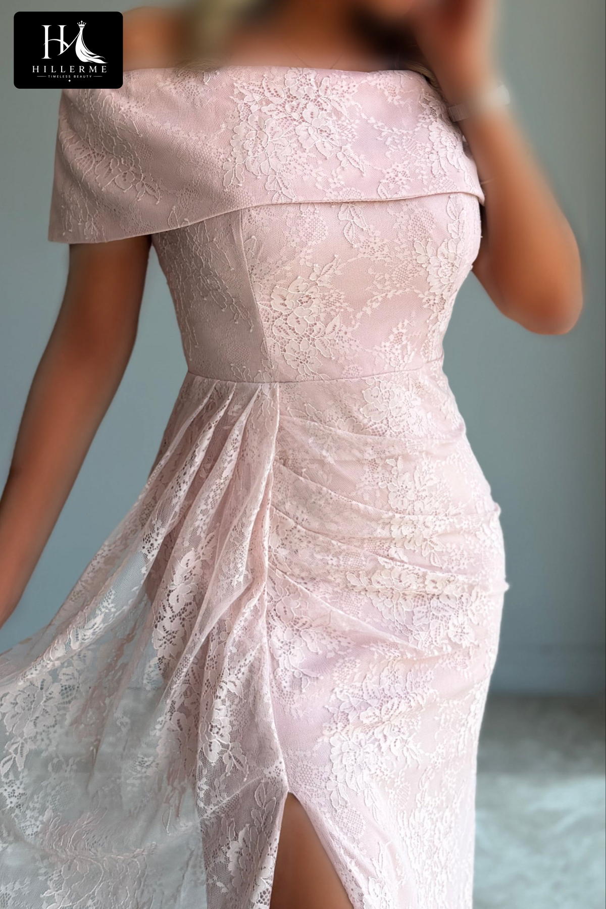 Floor-Length Lace Sheath Gown with Off-the-Shoulder Folded Neckline and High Slit