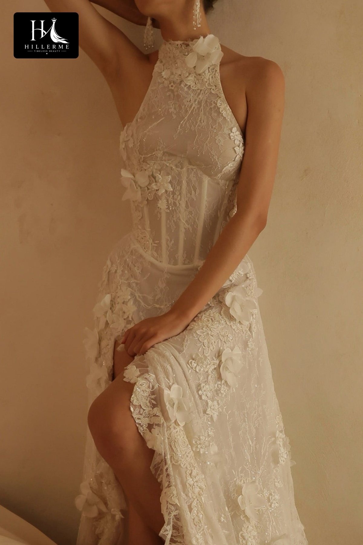 Romantic Halter-Neck Bridal Gown with Open Back and High Slit