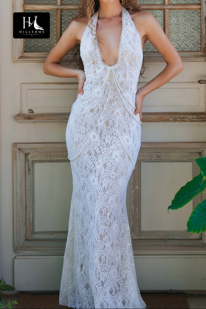 Sleeveless Halter Bridal Gown with Deep V Neckline and Pearl Accent