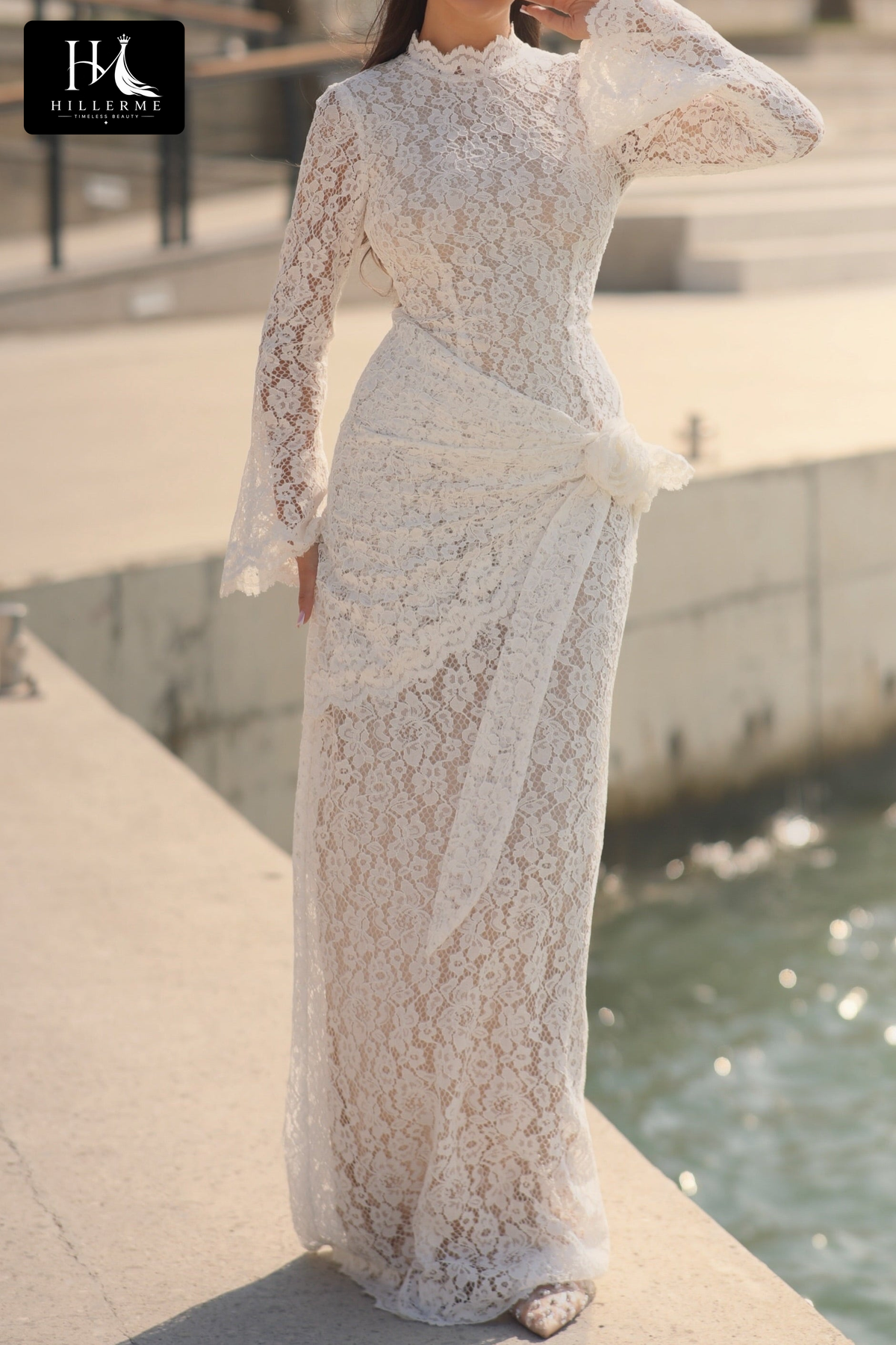 Floor-Length Lace Sheath Bridal Gown with Bell Cuffs and High Mock Neck