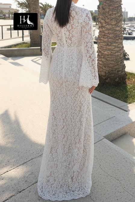 Floor-Length Lace Sheath Bridal Gown with Bell Cuffs and High Mock Neck