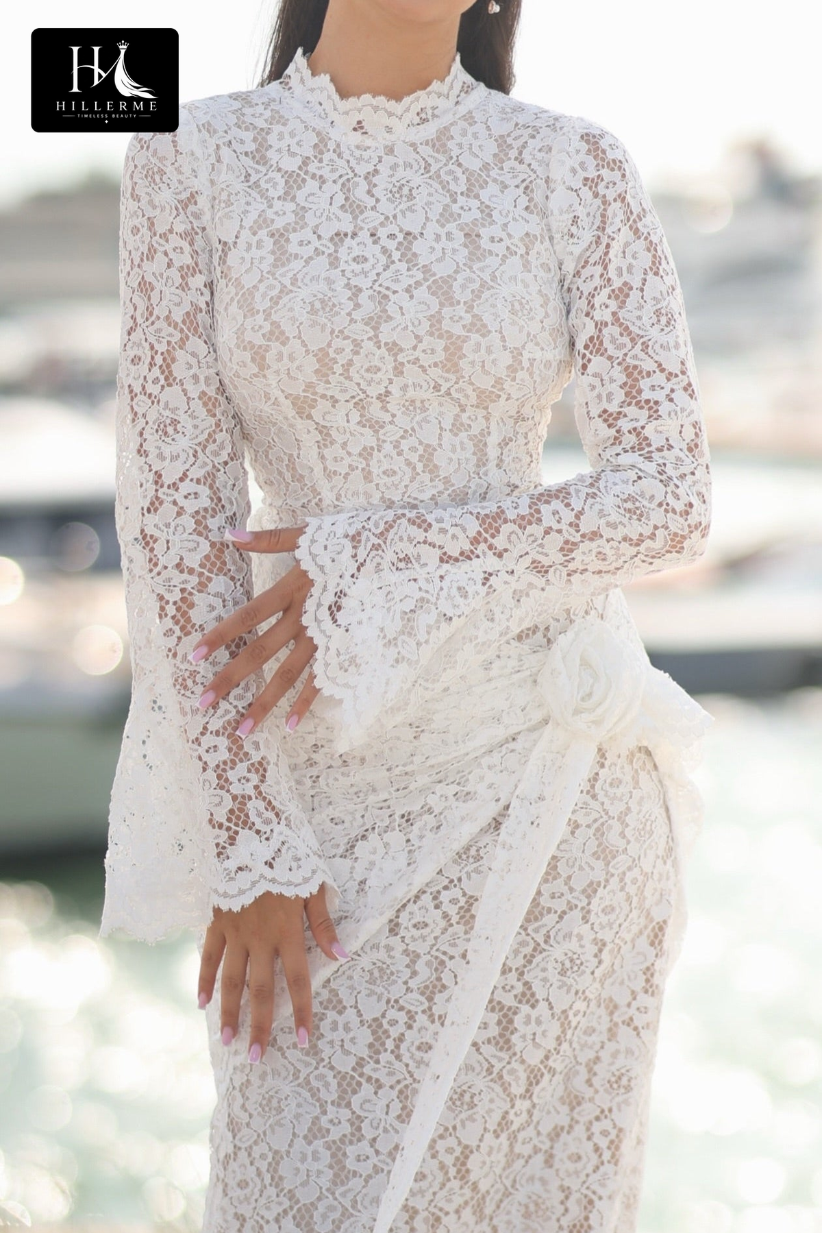 Floor-Length Lace Sheath Bridal Gown with Bell Cuffs and High Mock Neck