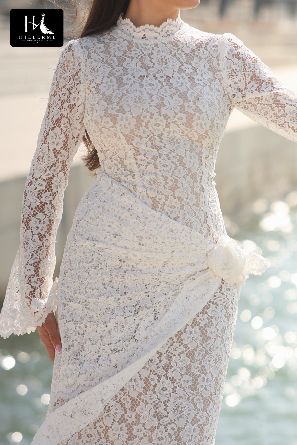 Floor-Length Lace Sheath Bridal Gown with Bell Cuffs and High Mock Neck