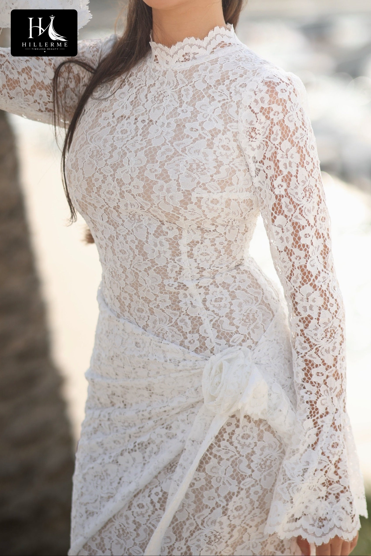 Floor-Length Lace Sheath Bridal Gown with Bell Cuffs and High Mock Neck