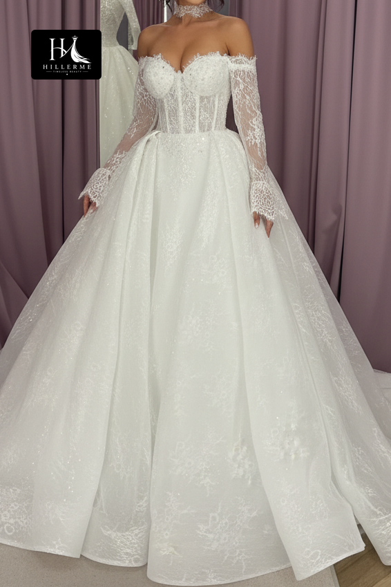 Elegant Corset Ball Gown with Long Lace Sleeves and Glitter Appliques