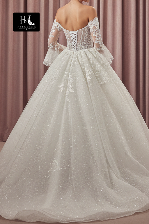 Elegant Corset Ball Gown with Long Lace Sleeves and Glitter Appliques