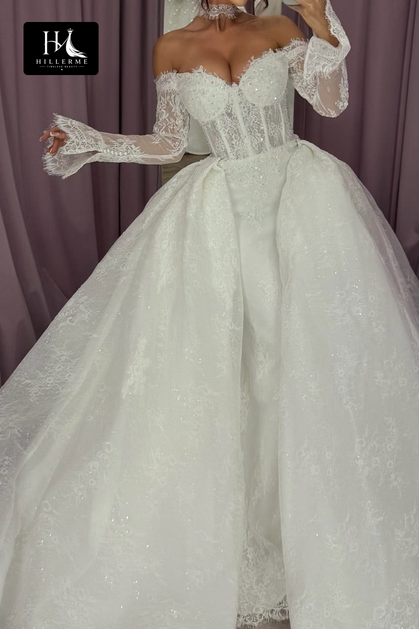 Elegant Corset Ball Gown with Long Lace Sleeves and Glitter Appliques
