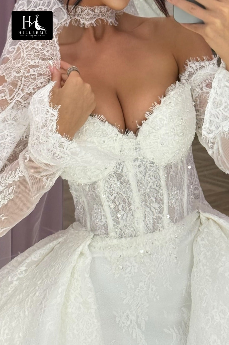 Elegant Corset Ball Gown with Long Lace Sleeves and Glitter Appliques