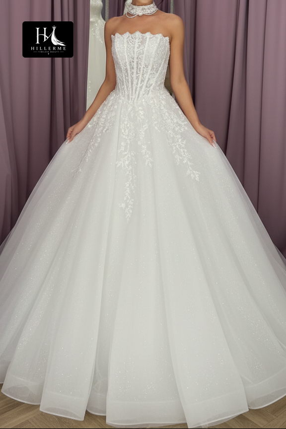 Strapless Ball Gown with Corset Bodice and Scalloped Lace Detailing