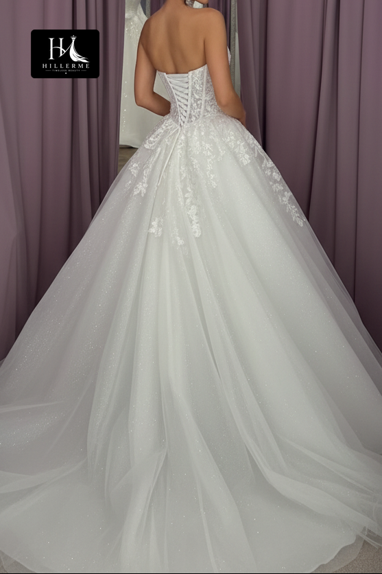 Strapless Ball Gown with Corset Bodice and Scalloped Lace Detailing