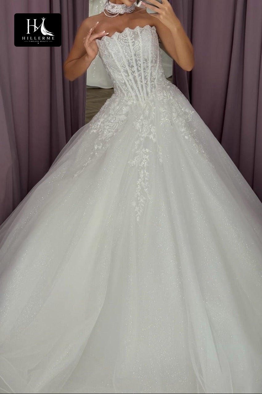 Strapless Ball Gown with Corset Bodice and Scalloped Lace Detailing