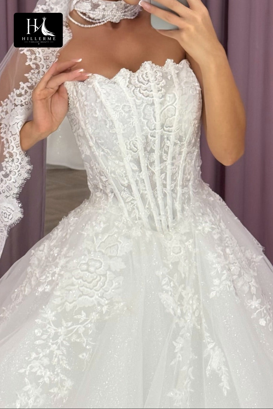 Strapless Ball Gown with Corset Bodice and Scalloped Lace Detailing