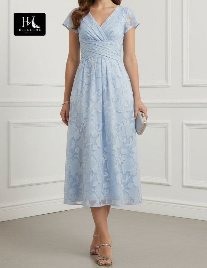 V-Neck Cap Sleeves Ankle-Length Jacquard Chiffon A-Line Mother of the Bride Dress
