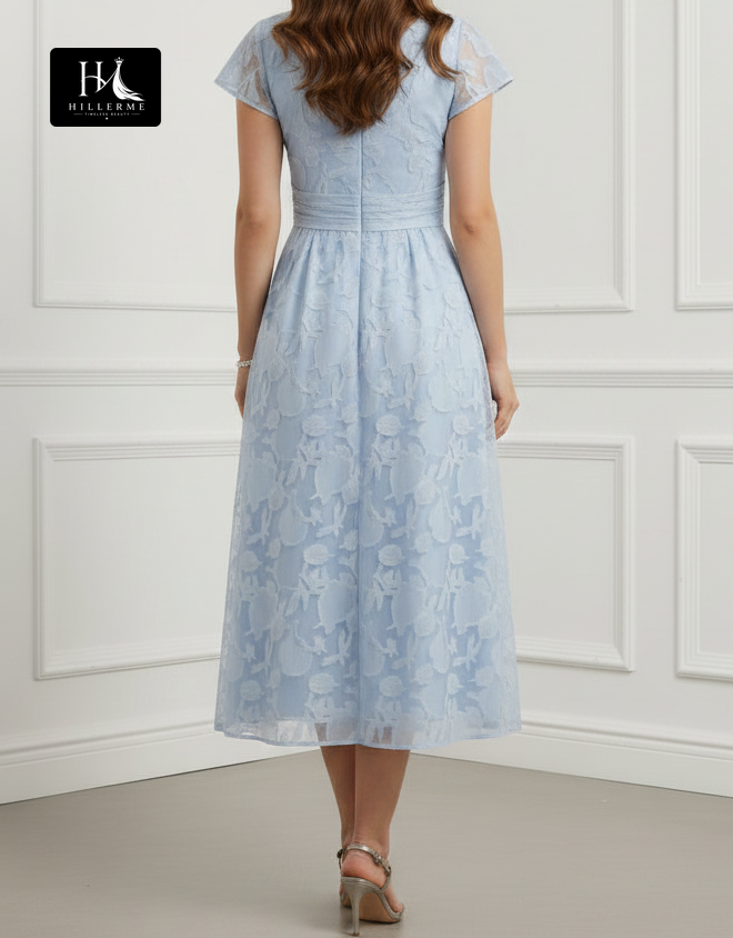 V-Neck Cap Sleeves Ankle-Length Jacquard Chiffon A-Line Mother of the Bride Dress