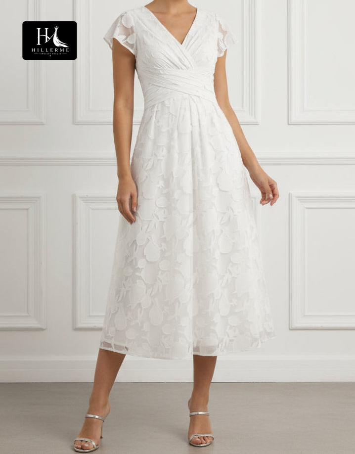 V-Neck Cap Sleeves Ankle-Length Jacquard Chiffon A-Line Mother of the Bride Dress