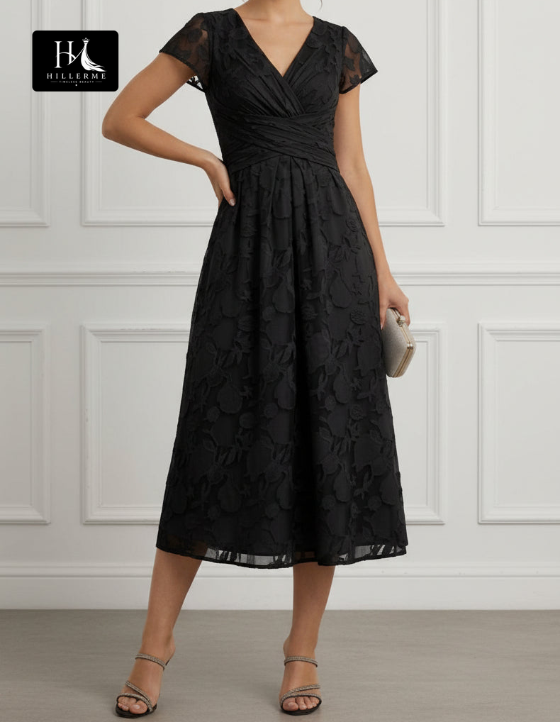 V-Neck Cap Sleeves Ankle-Length Jacquard Chiffon A-Line Mother of the Bride Dress