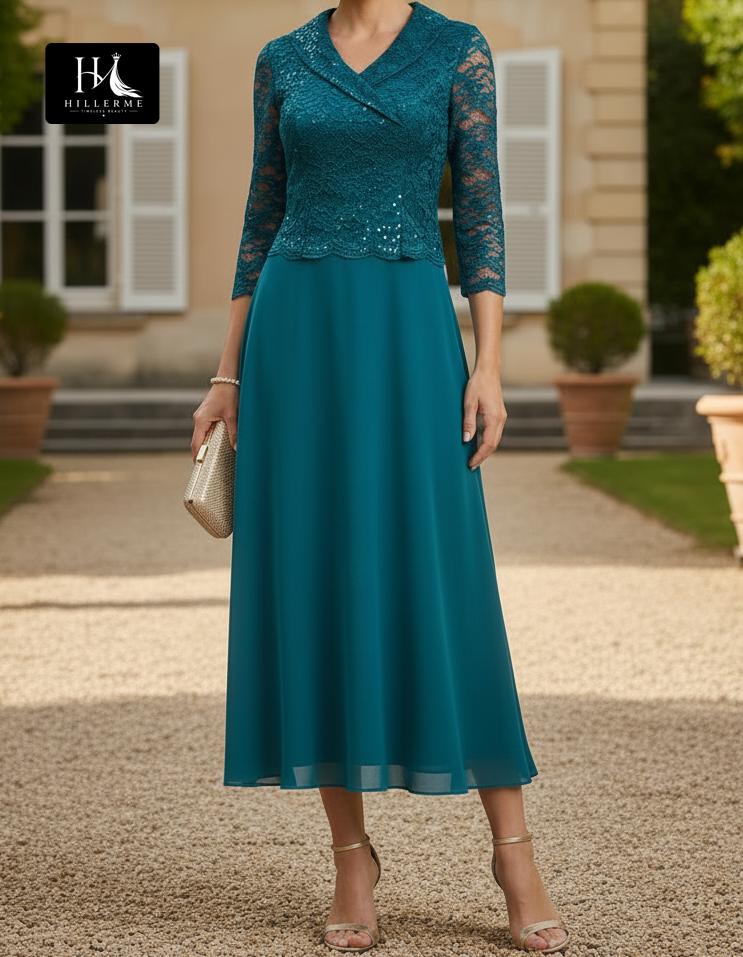 Strapless V-Neck 3/4-Sleeve Beaded Applique Chiffon A-Line Ankle-Length Mother of the Bride Dress