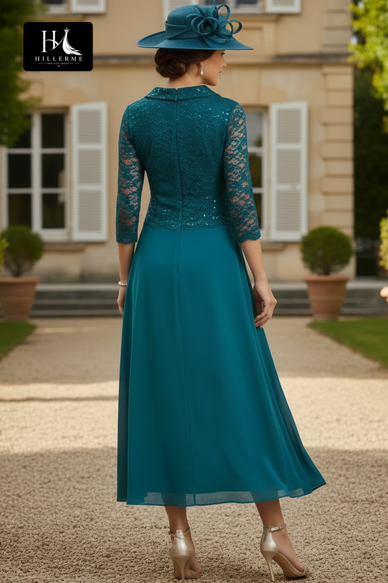 Strapless V-Neck 3/4-Sleeve Beaded Applique Chiffon A-Line Ankle-Length Mother of the Bride Dress
