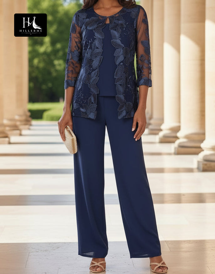 Floor-Length Chiffon Mother of the Bride Jumpsuit with Applique Coat and Scoop Neckline