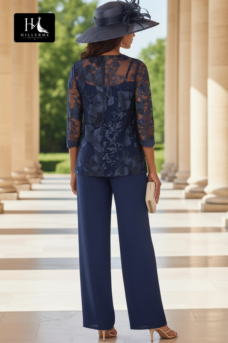 Floor-Length Chiffon Mother of the Bride Jumpsuit with Applique Coat and Scoop Neckline