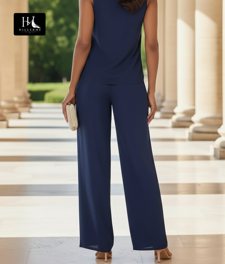 Floor-Length Chiffon Mother of the Bride Jumpsuit with Applique Coat and Scoop Neckline