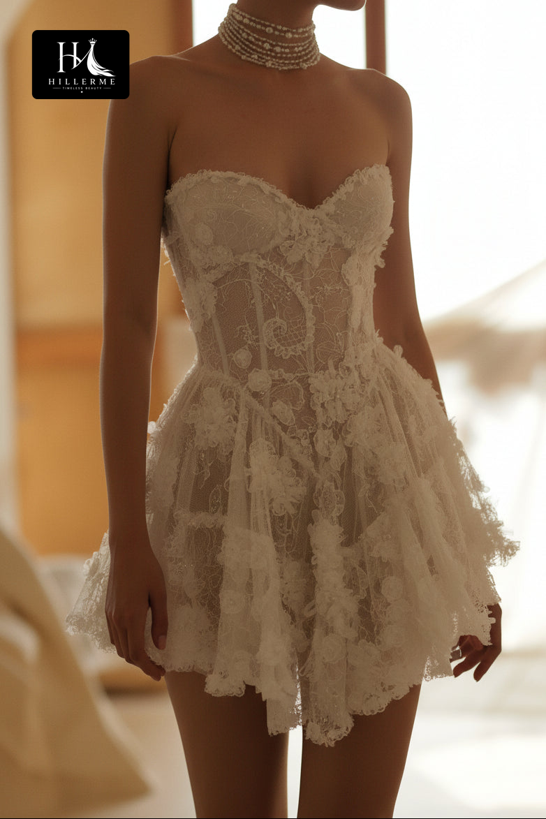 Strapless Sweetheart Corset Mini Dress with Ruffled Tulle Skirt and Lace Appliqués
