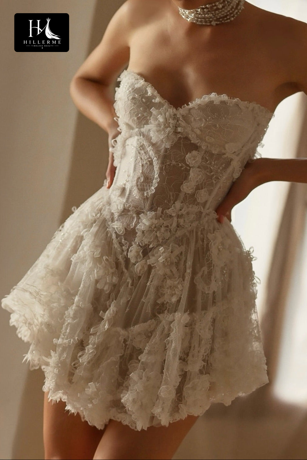 Strapless Sweetheart Corset Mini Dress with Ruffled Tulle Skirt and Lace Appliqués