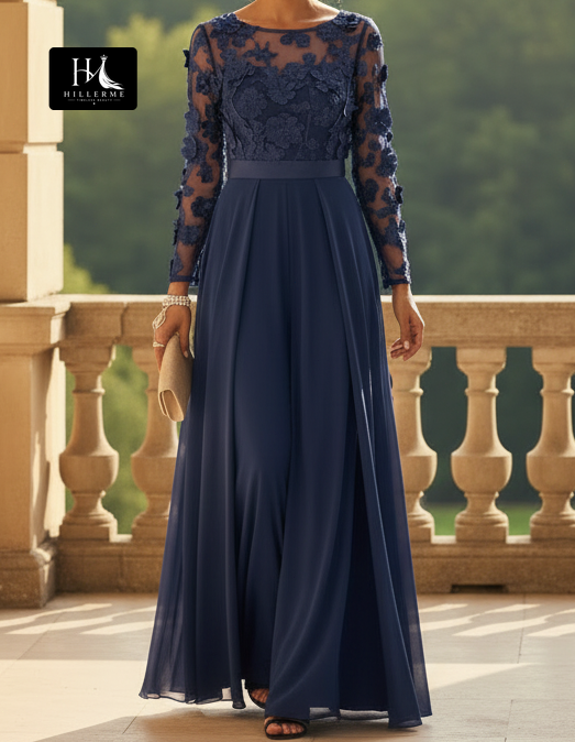 Scoop-Neck Long-Sleeve Appliqué Chiffon Pleated Floor-Length A-Line Mother of the Bride Jumpsuit