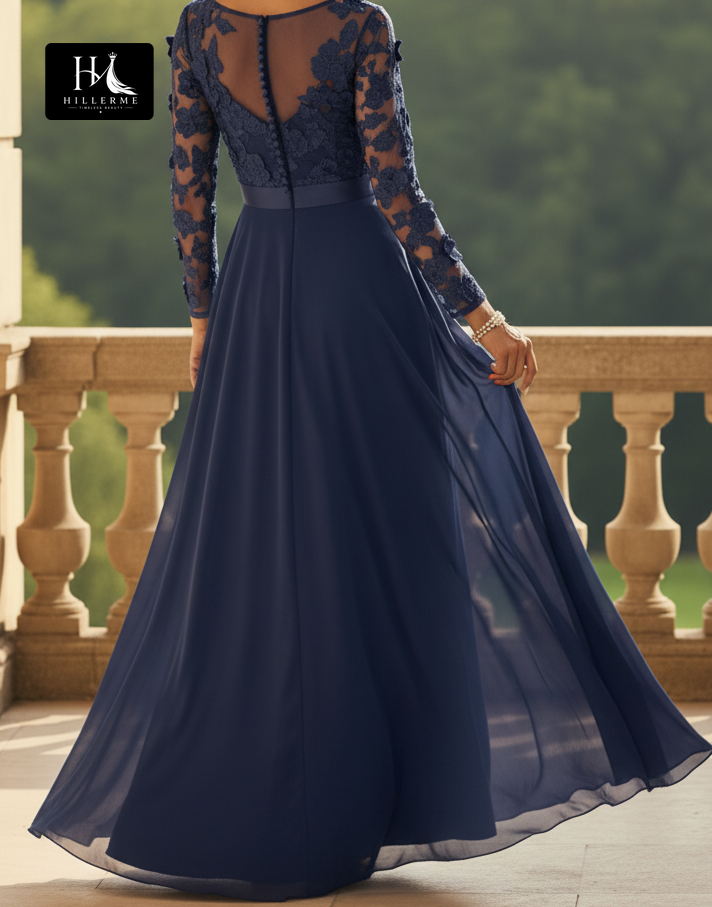 Scoop-Neck Long-Sleeve Appliqué Chiffon Pleated Floor-Length A-Line Mother of the Bride Jumpsuit