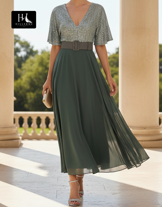 Strapless V-Neck Sequined Chiffon A-Line Mother of the Bride Dress with Pleated Ruching