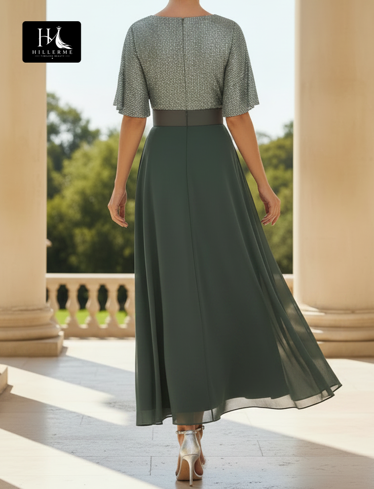 Strapless V-Neck Sequined Chiffon A-Line Mother of the Bride Dress with Pleated Ruching