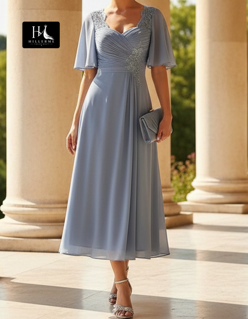 V-Neck Short Sleeve Sequined Appliqué Chiffon Pleated Ankle-Length A-Line Mother of the Bride Dress