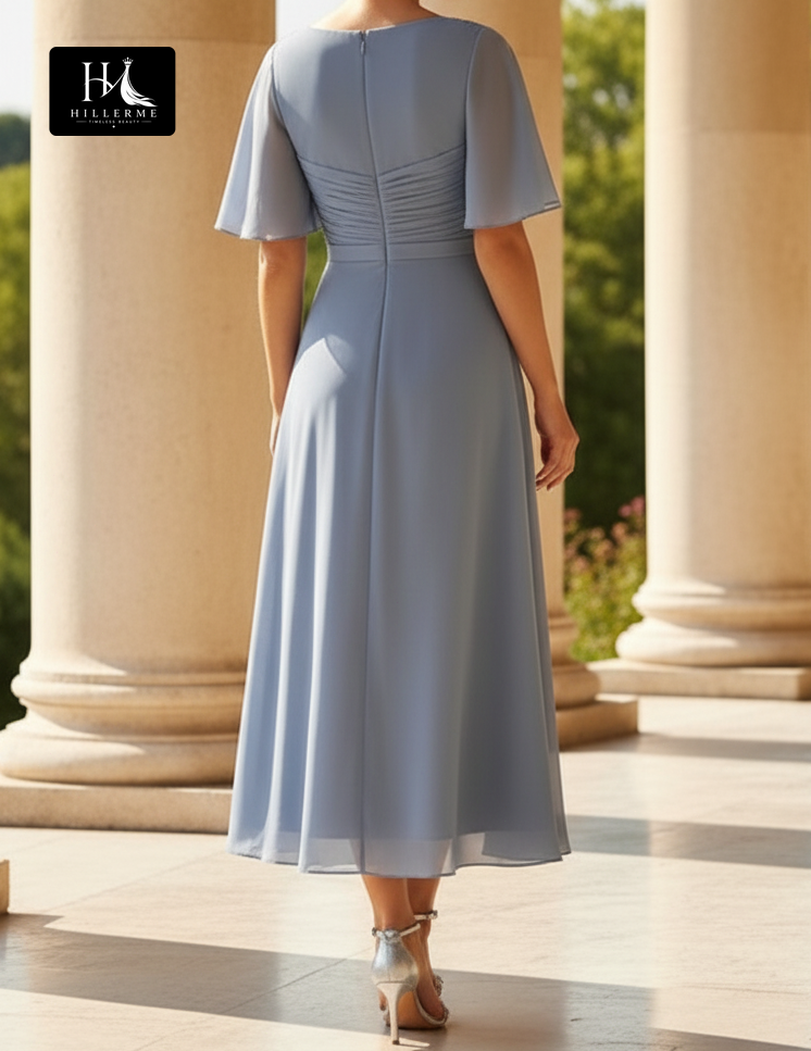 V-Neck Short Sleeve Sequined Appliqué Chiffon Pleated Ankle-Length A-Line Mother of the Bride Dress