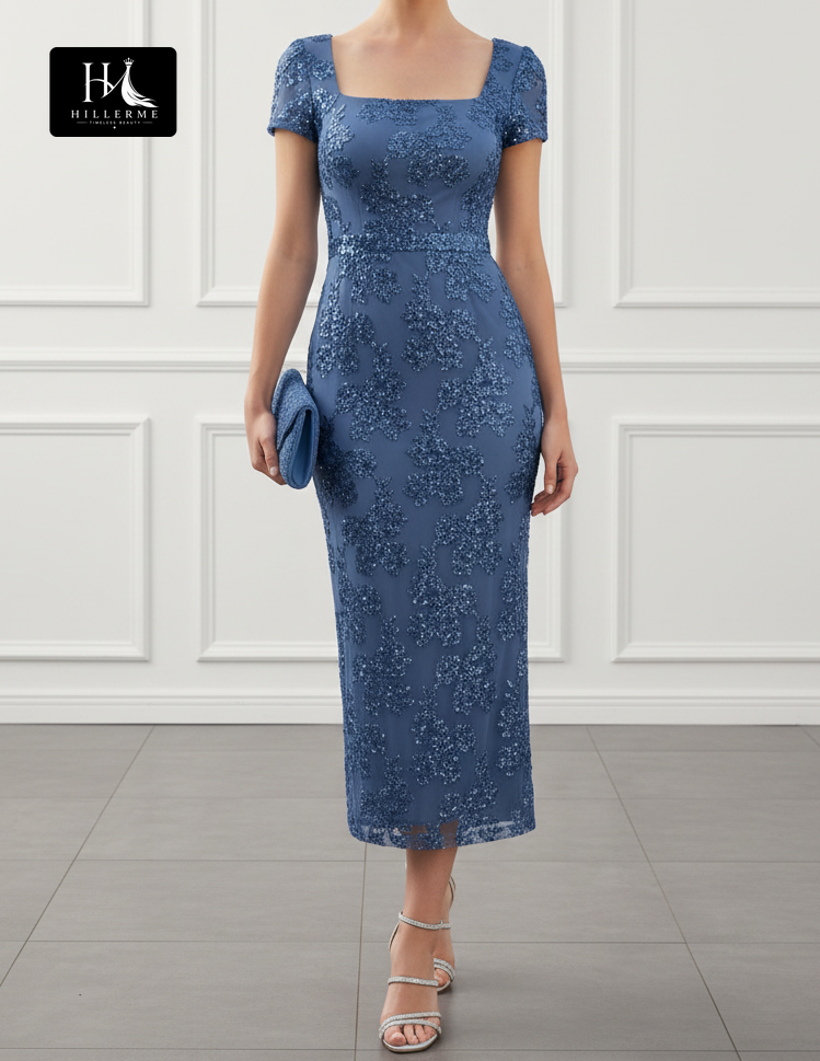 Square-Neck Cap-Sleeve Sequined Applique Ankle-Length Mermaid Mother of the Bride Dress