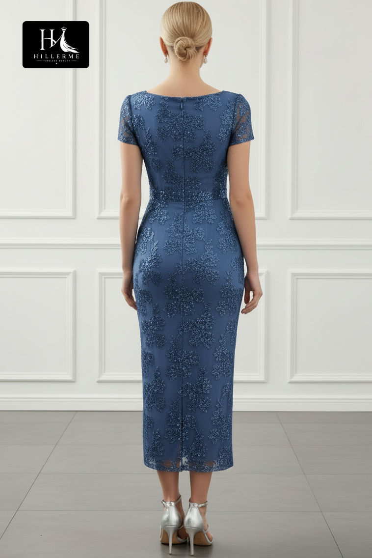 Square-Neck Cap-Sleeve Sequined Applique Ankle-Length Mermaid Mother of the Bride Dress