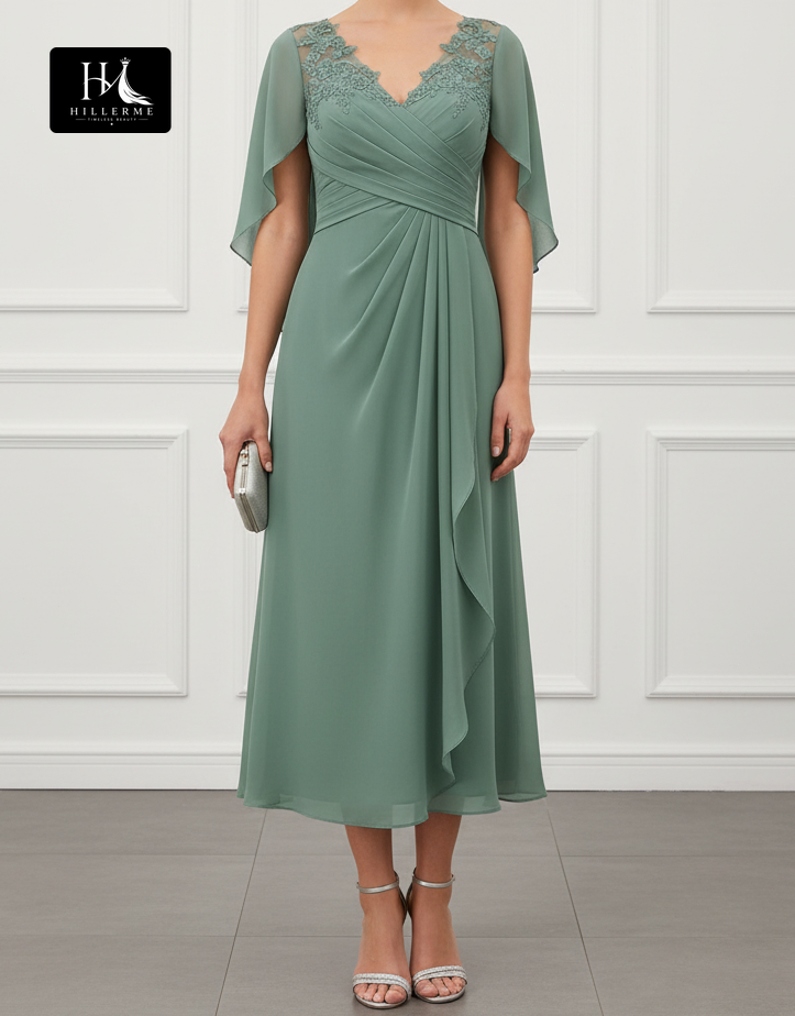 Strapless V-Neck A-Line Chiffon Appliqué Cape-Sleeve Mother of the Bride Dress with Ankle-Length Silhouette