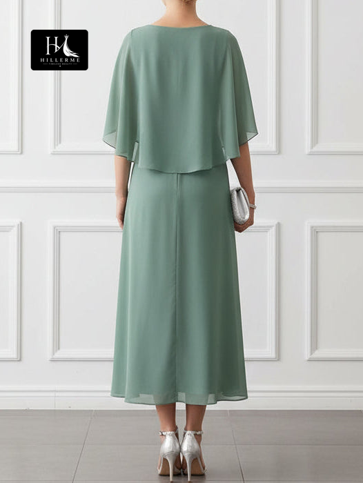 Strapless V-Neck A-Line Chiffon Appliqué Cape-Sleeve Mother of the Bride Dress with Ankle-Length Silhouette