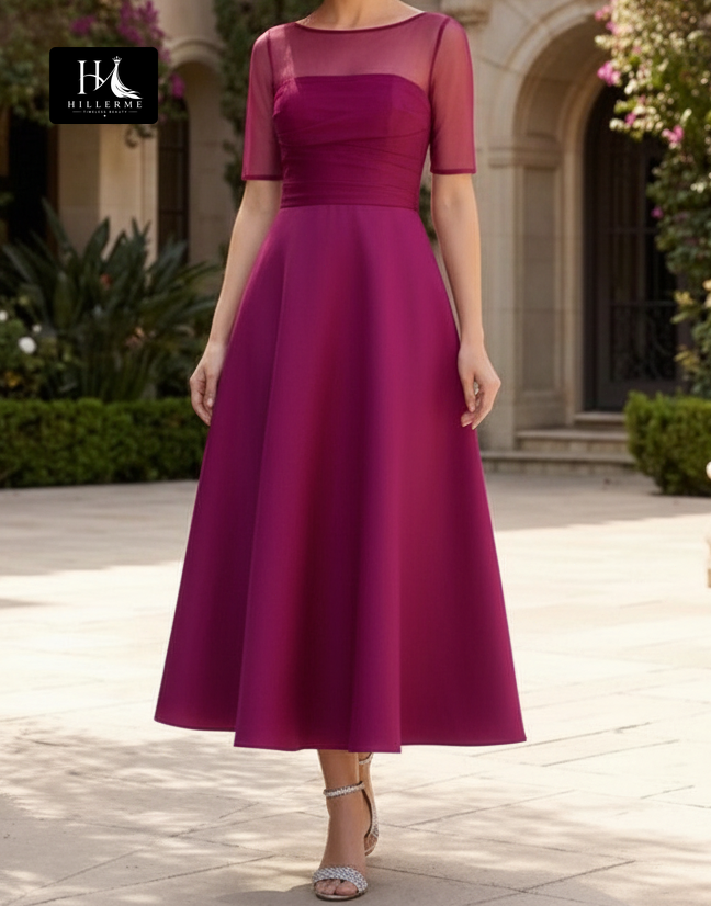Strapless Scoop-Neck Satin and Chiffon A-Line Mother of the Bride Dress with Ruched Pleating and Ankle-Length Hem