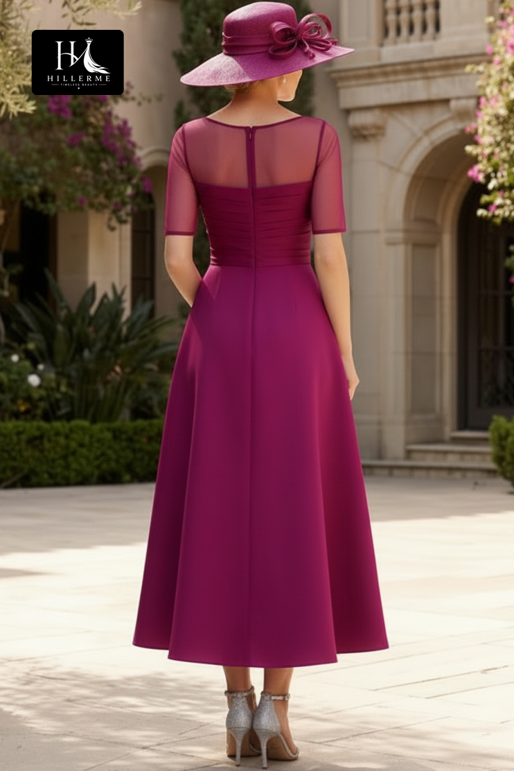 Strapless Scoop-Neck Satin and Chiffon A-Line Mother of the Bride Dress with Ruched Pleating and Ankle-Length Hem