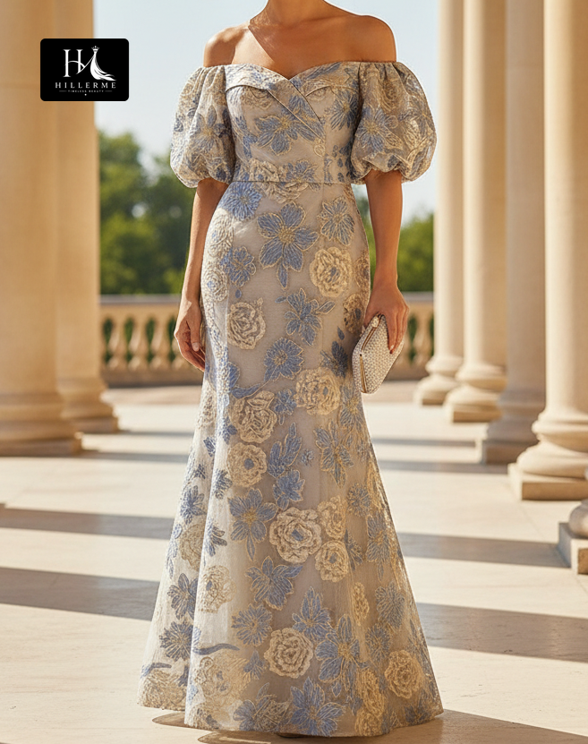 Sweetheart Puff-Sleeve Jacquard Chiffon Trumpet Mermaid Mother of the Bride Dress