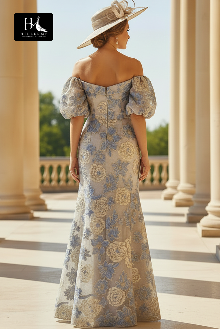 Sweetheart Puff-Sleeve Jacquard Chiffon Trumpet Mermaid Mother of the Bride Dress