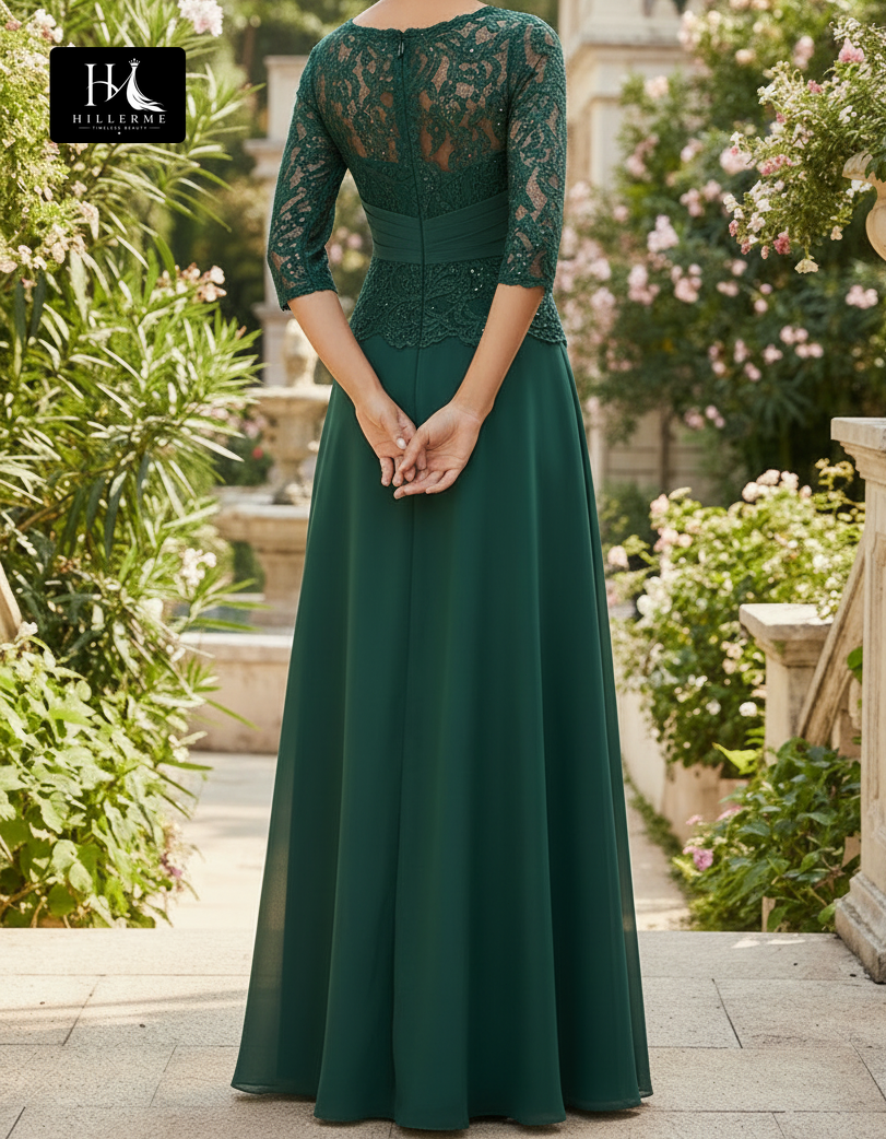 Scoop-Neck 3/4-Sleeve Beaded Appliqué Chiffon A-Line Mother of the Bride Dress
