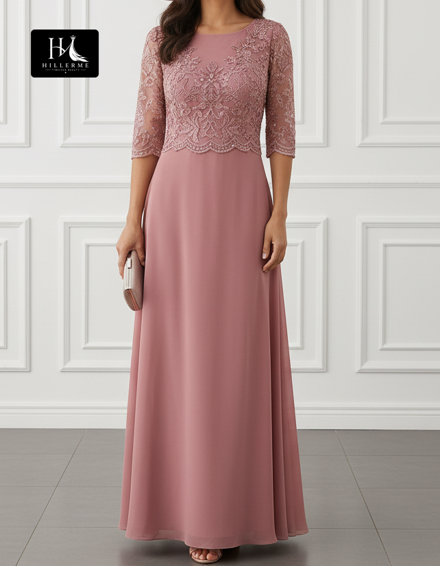 Strapless Scoop-Neck Chiffon Mother of the Bride Dress with Lace Appliqués and Pleated A-Line Silhouette