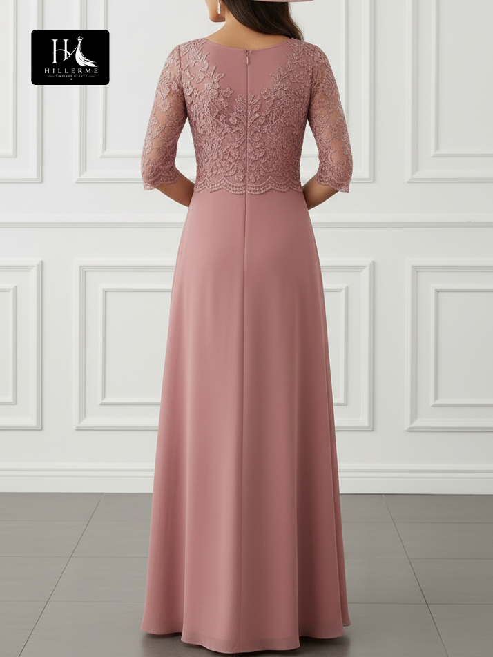 Strapless Scoop-Neck Chiffon Mother of the Bride Dress with Lace Appliqués and Pleated A-Line Silhouette