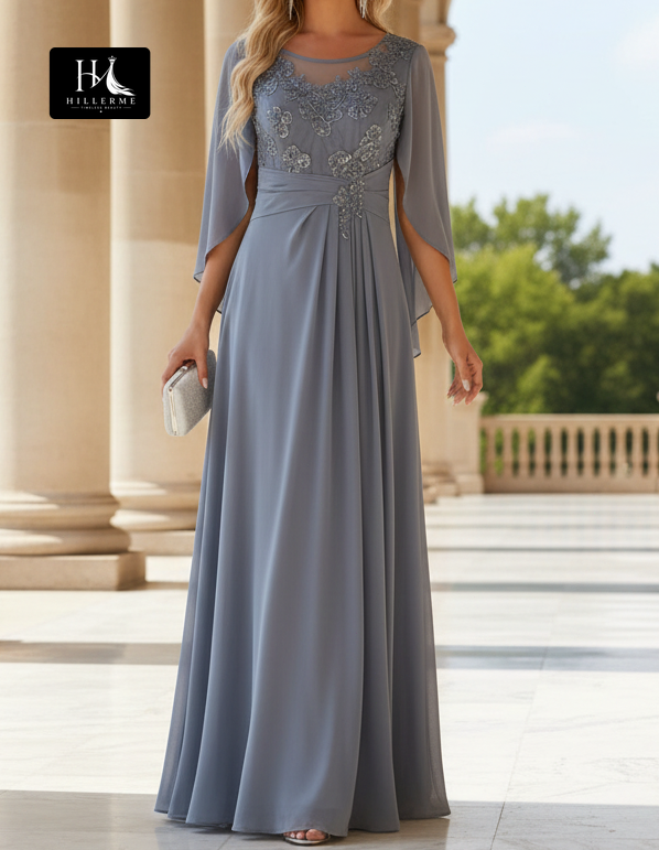 Strapless Scoop-Neck Sequined Applique Chiffon A-Line Mother of the Bride Dress with Cape Sleeves