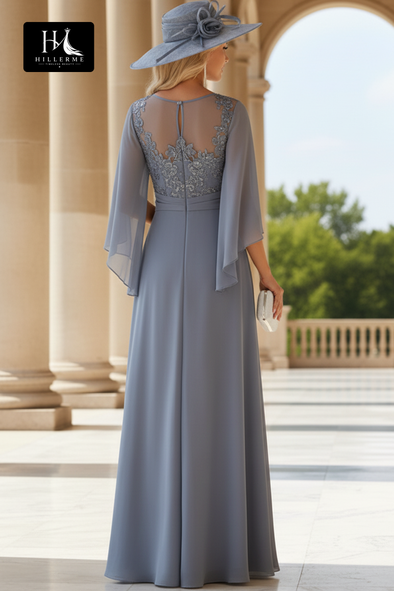 Strapless Scoop-Neck Sequined Applique Chiffon A-Line Mother of the Bride Dress with Cape Sleeves