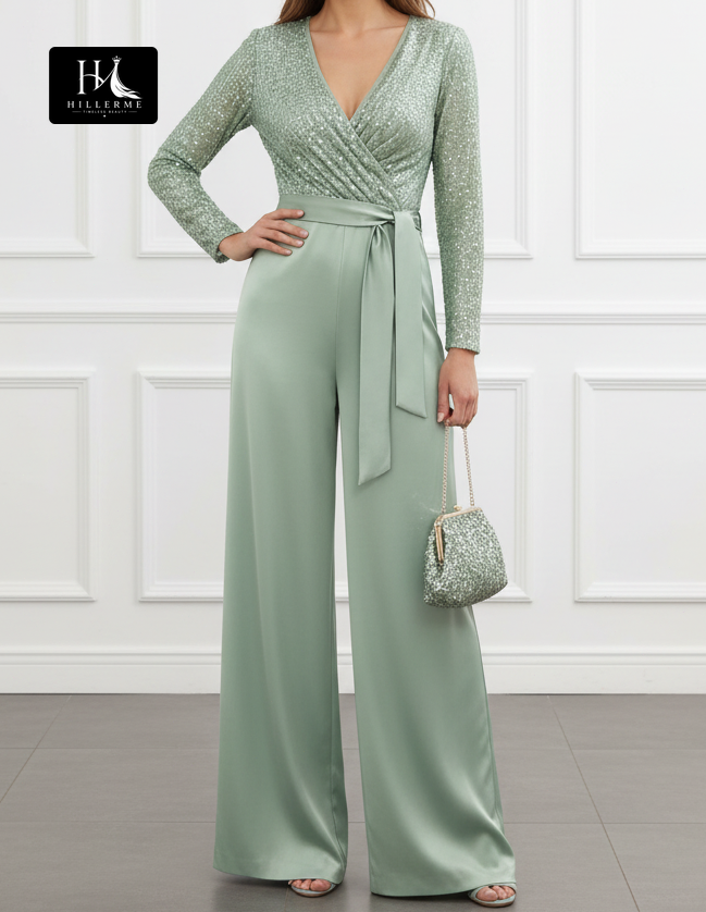 Sequined Satin V-Neck Floor-Length Jumpsuit for Mother of the Bride with Pleated Accents