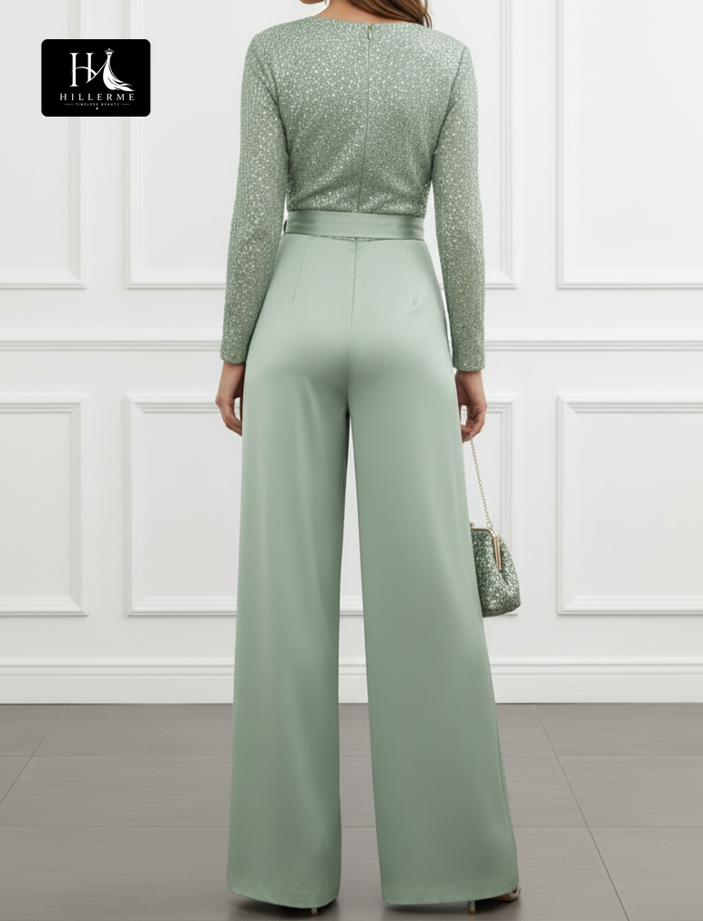 Sequined Satin V-Neck Floor-Length Jumpsuit for Mother of the Bride with Pleated Accents